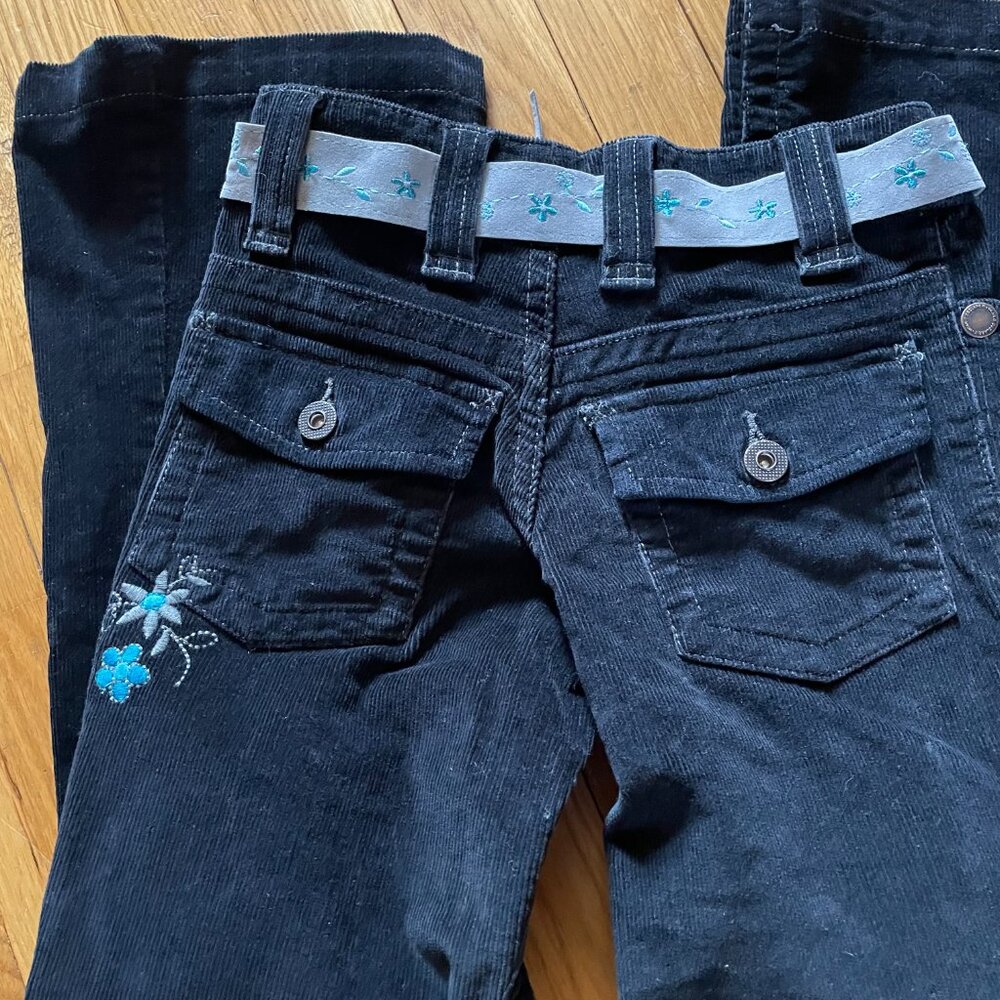 RARE VTG SO Y2K Black Corduroy Flare Pants w/ Matching Embroidered Belt Girls 7 - Picture 5 of 16